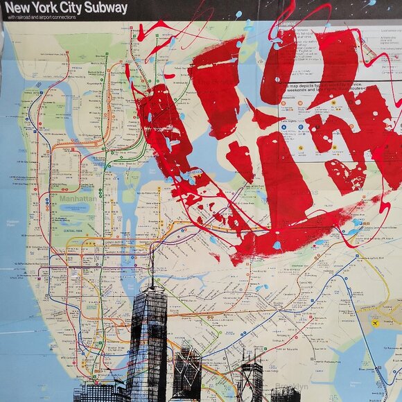 ❤ Handpainted I LOVE New York Skyline Acrylic Paint Artwork on a NYC Subway Map - Picture 7 of 11